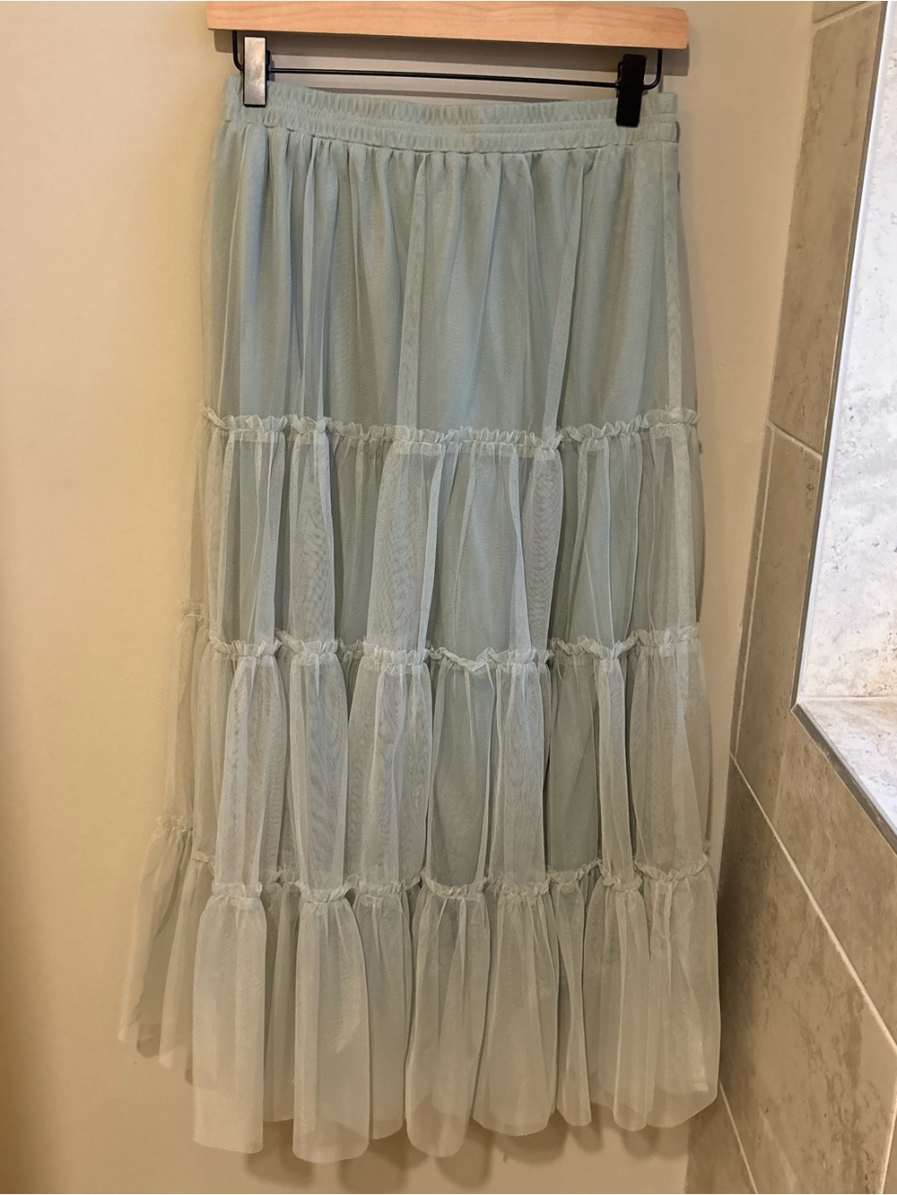 Listicle Tiered Mesh Midi Skirt in Pale Mint